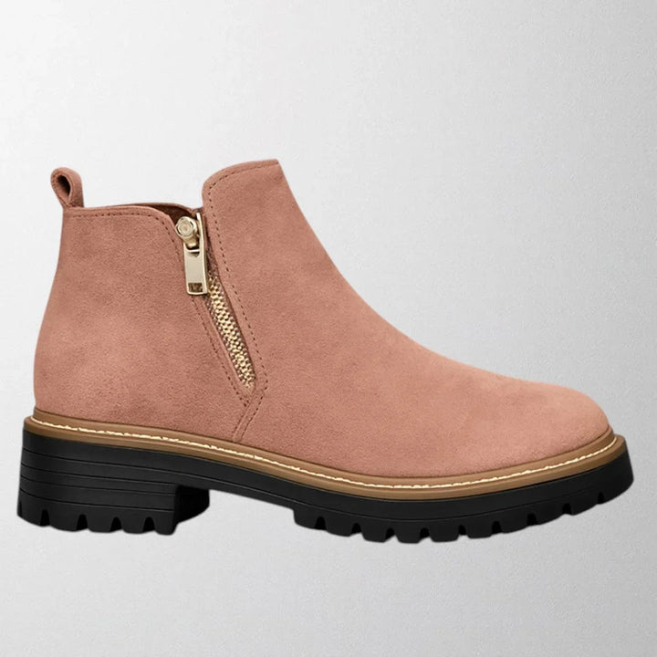 Women's Suede Chunky-Sole Ankle Boot – Round Toe And Gold-Tone Side Zip