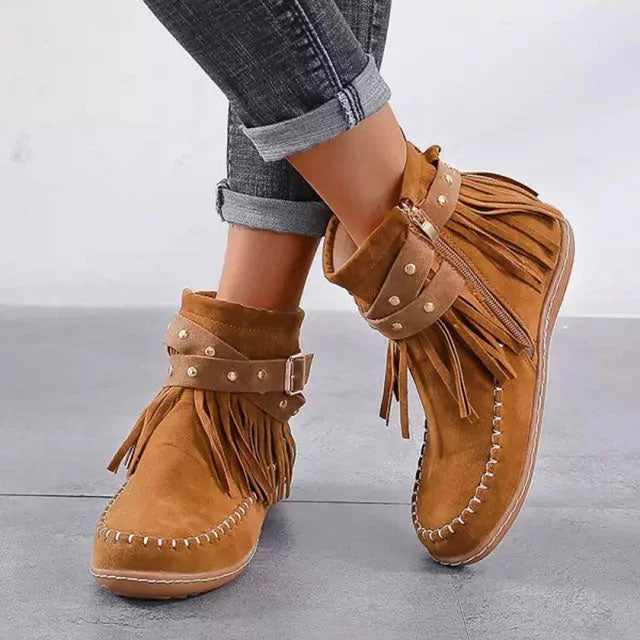 Women's Suede Fringe Studded Ankle Boot Side Zip & Buckle Strap