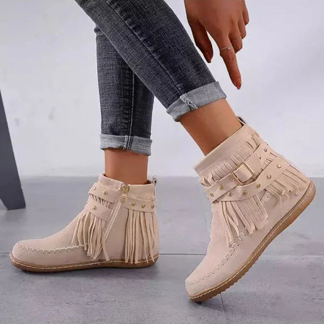 Women's Suede Fringe Studded Ankle Boot Side Zip & Buckle Strap