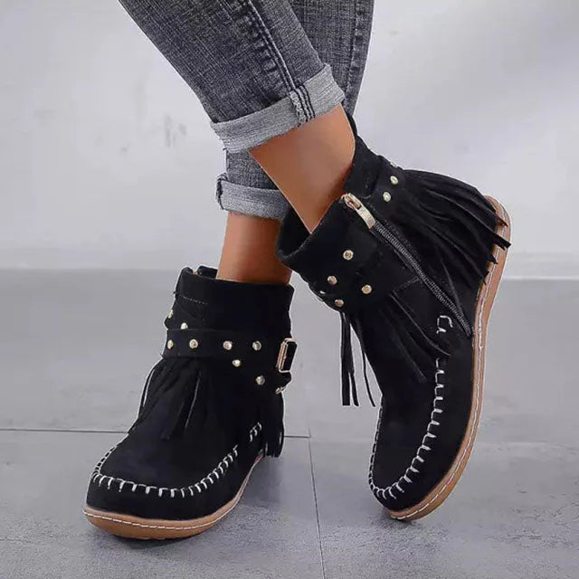 Women's Suede Fringe Studded Ankle Boot Side Zip & Buckle Strap