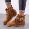Women's Suede Fringe Studded Ankle Boot Side Zip & Buckle Strap