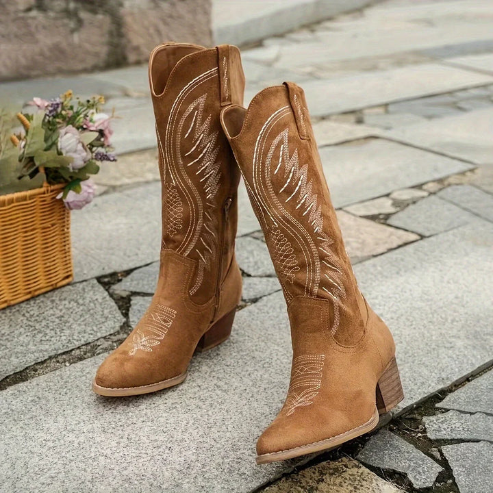 Women's Suede Knee-High Cowboy Boots – Embroidered Design And Block Heel