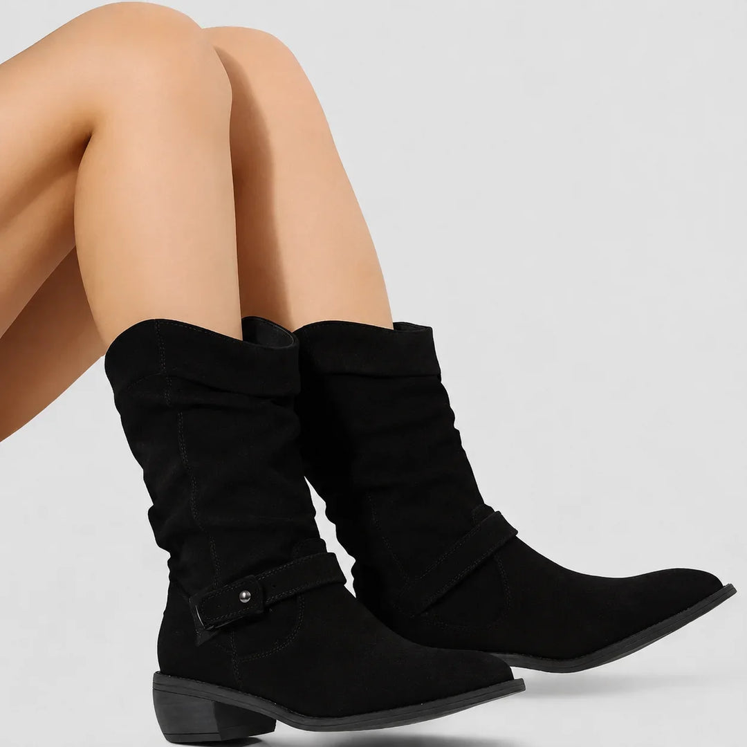 Women's Suede Comfort Slouchy Ankle Boots – Zipper And Buckle Detail