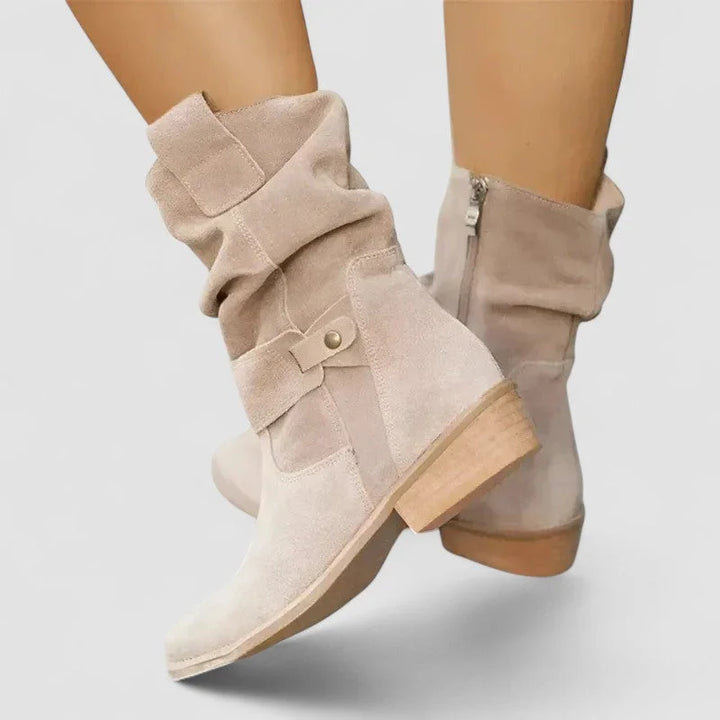 Women's Suede Comfort Slouchy Ankle Boots – Zipper And Buckle Detail