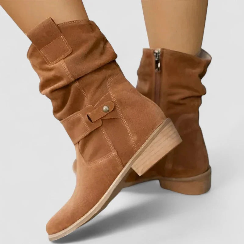 Women's Suede Comfort Slouchy Ankle Boots – Zipper And Buckle Detail