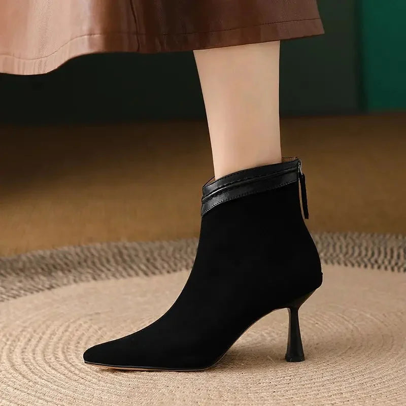 Women's Suede Pointed-Toe Ankle Boots – Back-Zip And Sculptural Heel