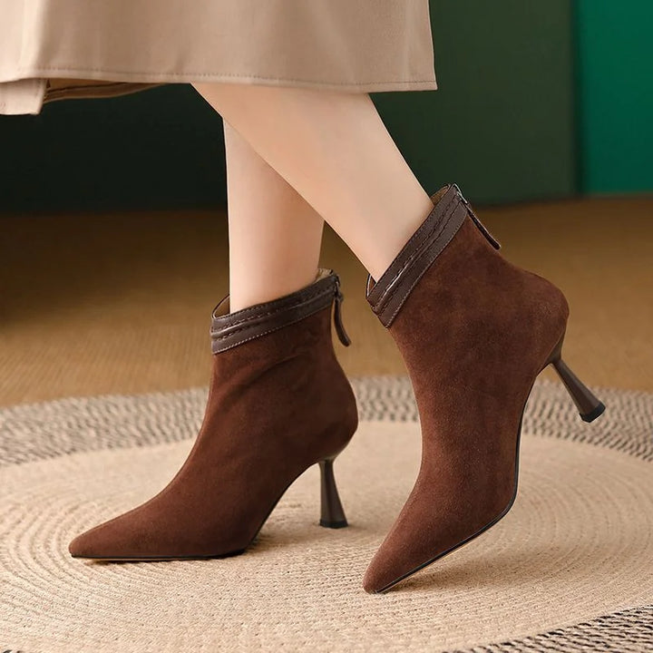 Women's Suede Pointed-Toe Ankle Boots – Back-Zip And Sculptural Heel