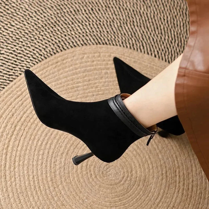 Women's Suede Pointed-Toe Ankle Boots – Back-Zip And Sculptural Heel