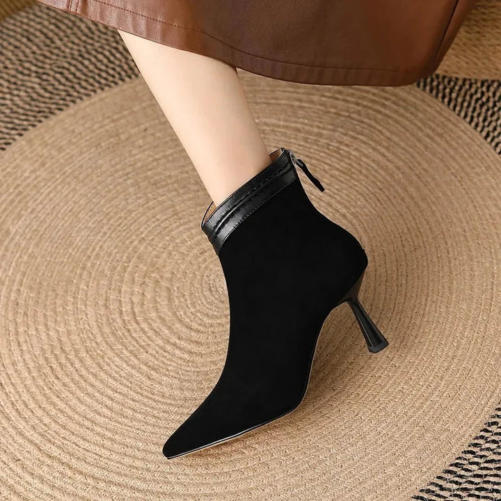 Women's Suede Pointed-Toe Ankle Boots – Back-Zip And Sculptural Heel