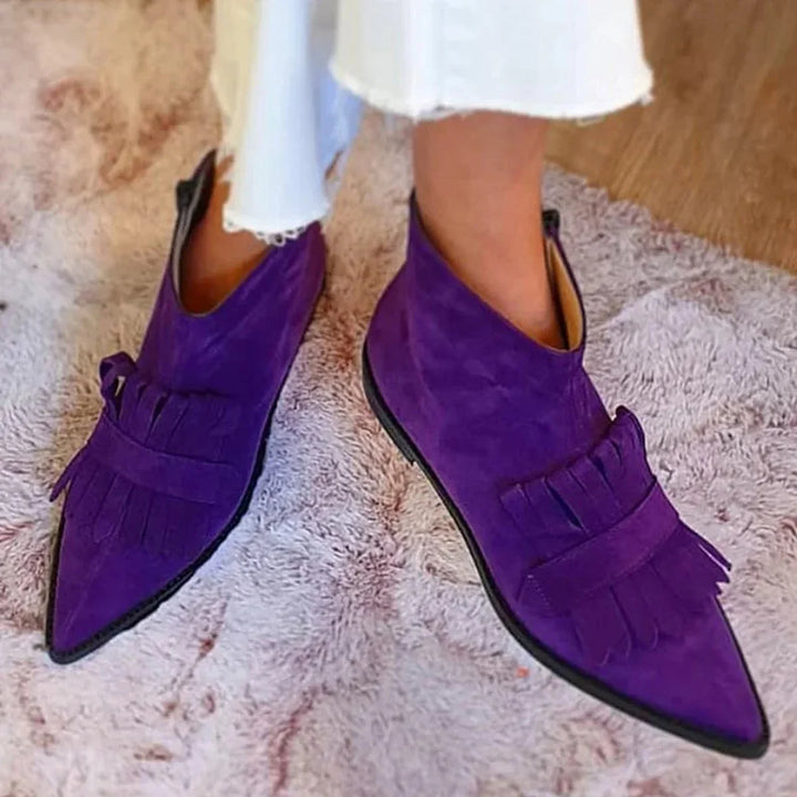 Women's Suede Pointed-Toe Fringe Flat Ankle Boots