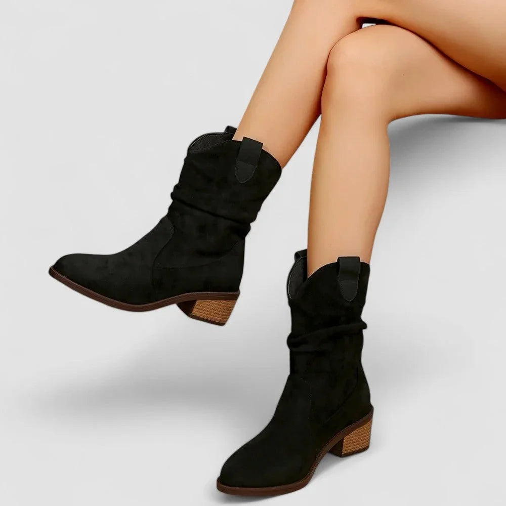 Women's Suede Slouchy Mid-Calf Boots – Pointed-Toe Block-Heel