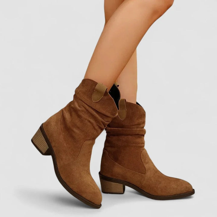 Women's Suede Slouchy Mid-Calf Boots – Pointed-Toe Block-Heel
