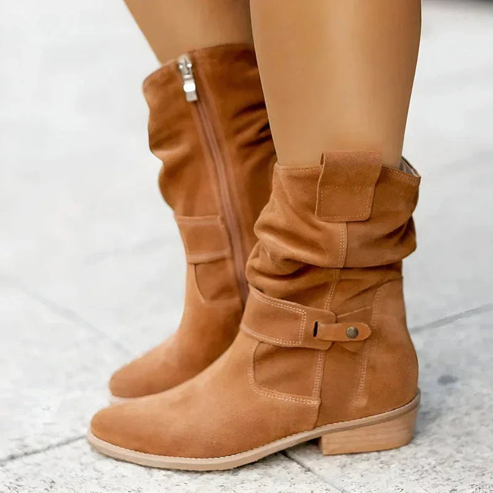 Women's Suede Slouchy Mid-Calf Boots – Side-Zipper And Buckle Detail