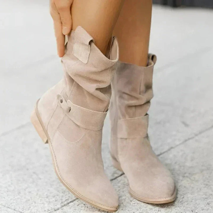 Women's Suede Slouchy Mid-Calf Boots – Side-Zipper And Buckle Detail