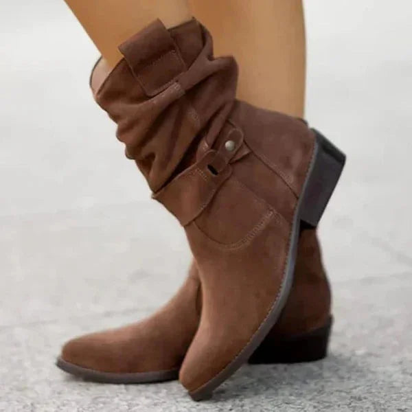 Women's Suede Slouchy Mid-Calf Boots – Side-Zipper And Buckle Detail