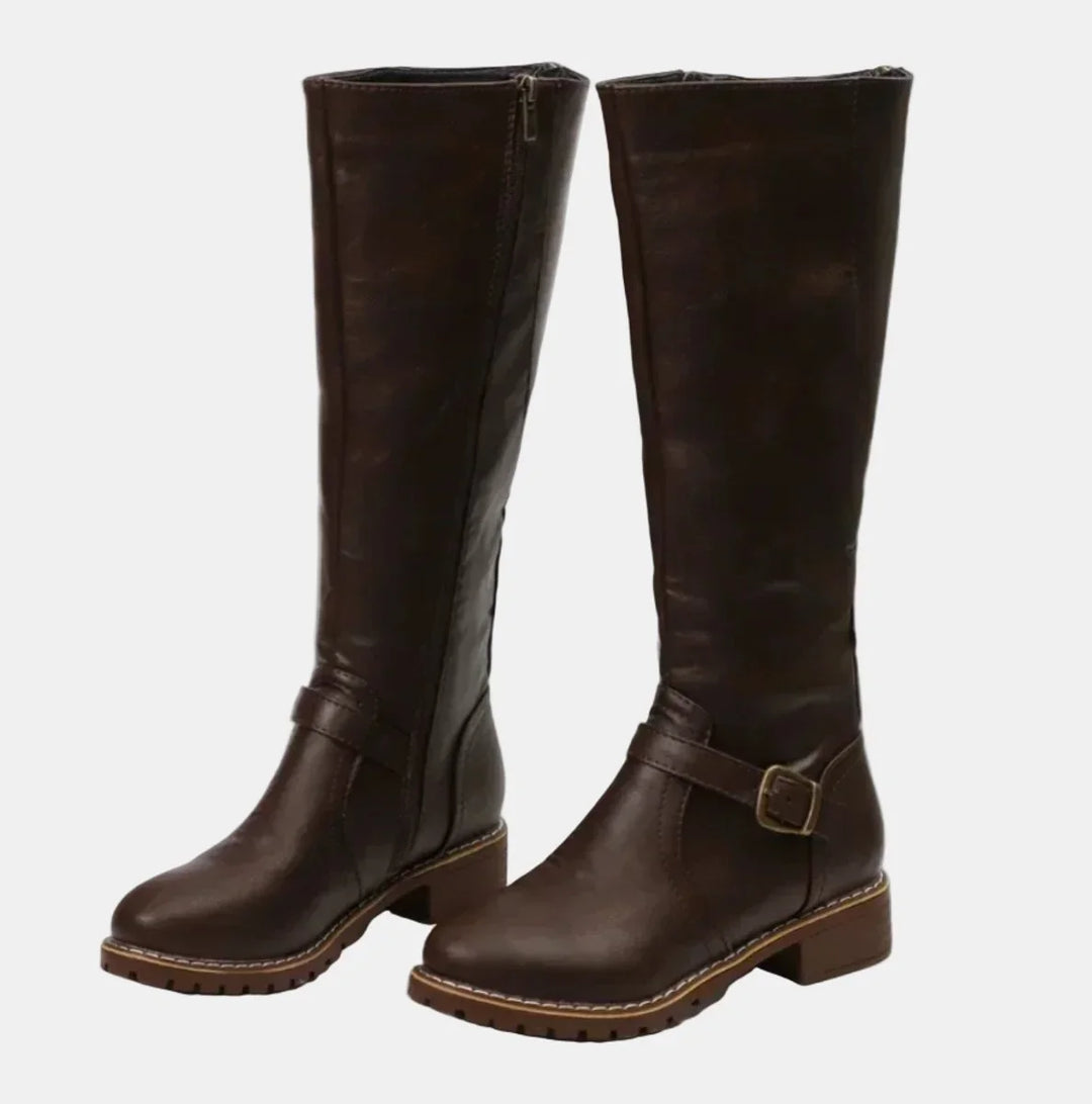 Women's Tall Riding Knee High Boots Buckle Strap Low Heel