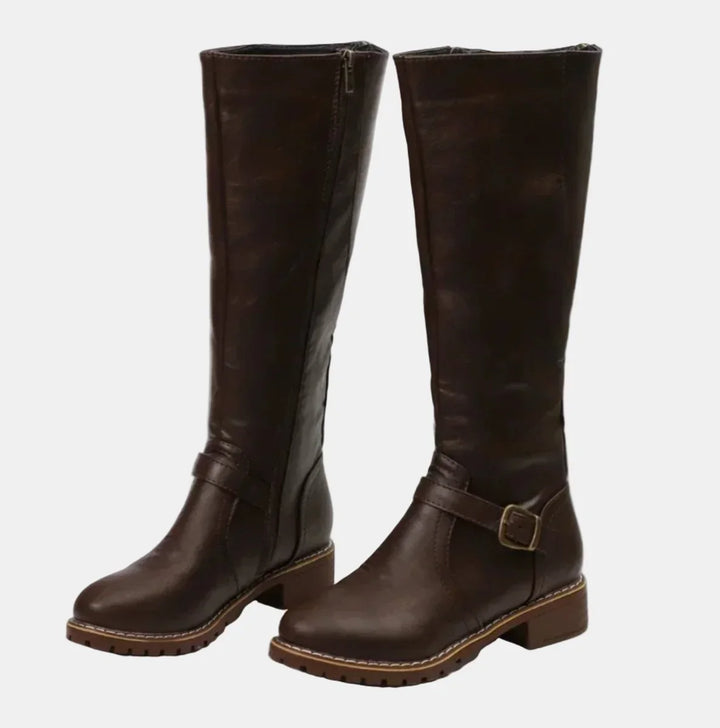 Women's Tall Riding Knee High Boots Buckle Strap Low Heel