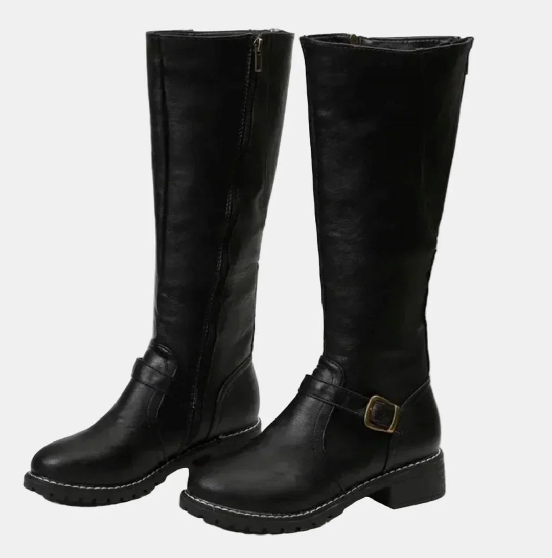 Women's Tall Riding Knee High Boots Buckle Strap Low Heel
