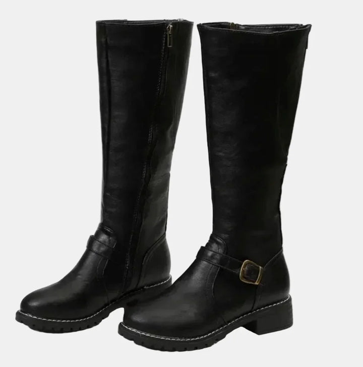 Women's Tall Riding Knee High Boots Buckle Strap Low Heel