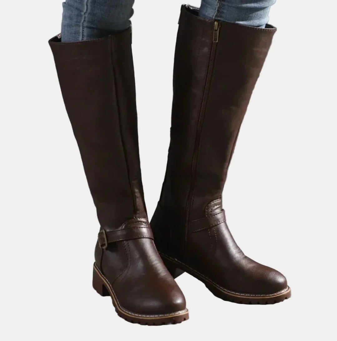 Women's Tall Riding Knee High Boots Buckle Strap Low Heel