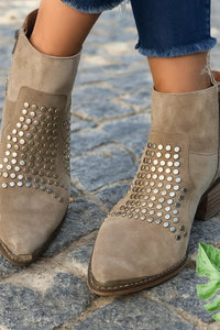 Women's Tan Suede Studded Ankle Boots – Zipper Closure And Pointed Toe