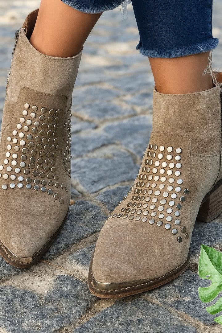 Women's Tan Suede Studded Ankle Boots – Zipper Closure And Pointed Toe