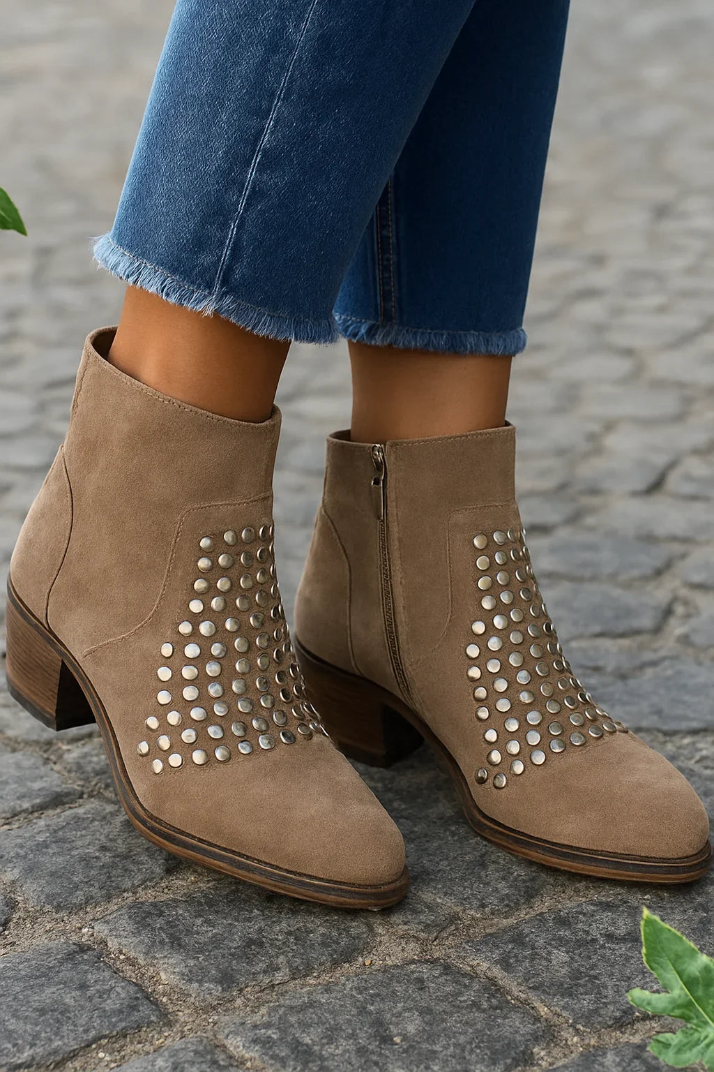 Women's Tan Suede Studded Ankle Boots – Zipper Closure And Pointed Toe