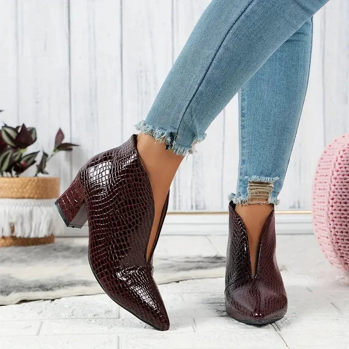 Women's Textured Ankle Boots – V-Cut Opening And Mid Block Heel