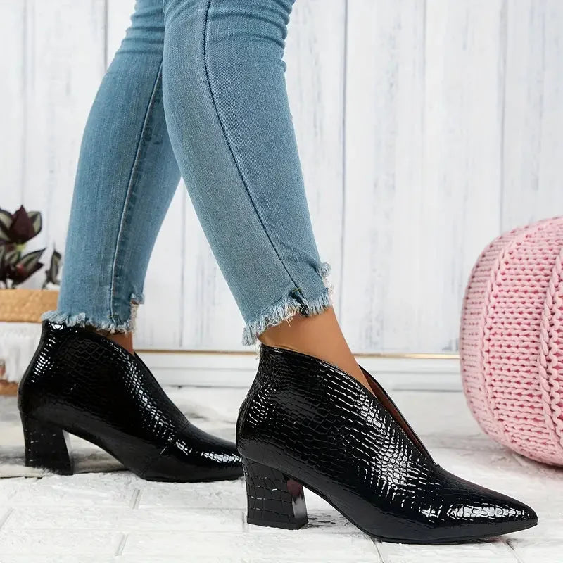 Women's Textured Ankle Boots – V-Cut Opening And Mid Block Heel