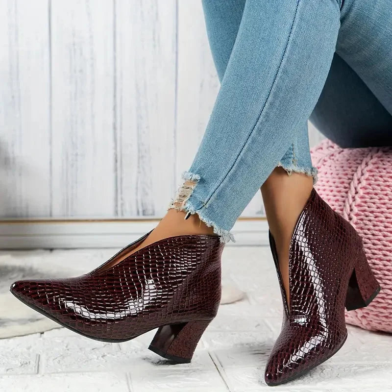 Women's Textured Ankle Boots – V-Cut Opening And Mid Block Heel