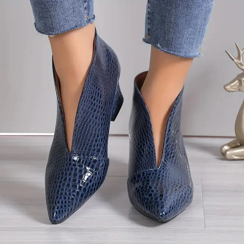 Women's Textured Ankle Boots – V-Cut Opening And Mid Block Heel