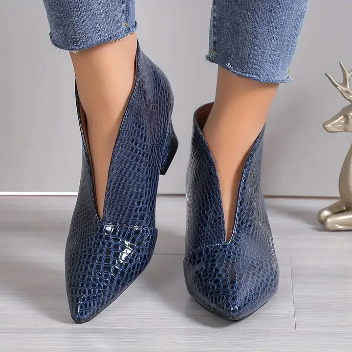 Women's Textured Ankle Boots – V-Cut Opening And Mid Block Heel
