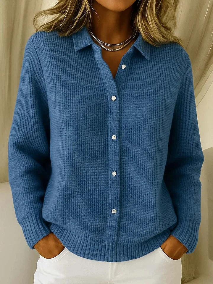 Women's Textured Knit Cardigan Sweater – Button-Front Collared V-Neck