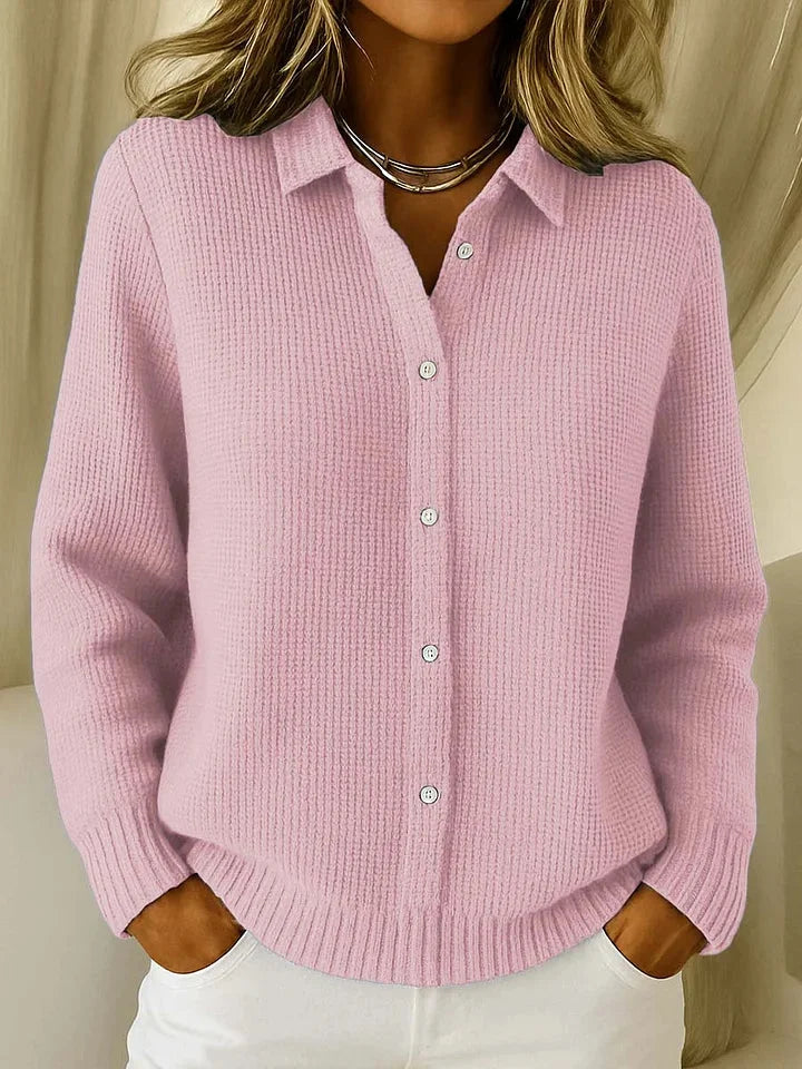 Women's Textured Knit Cardigan Sweater – Button-Front Collared V-Neck