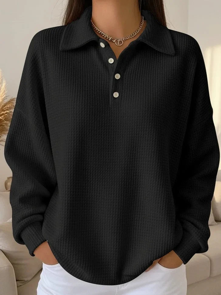 Women's Textured Knit Polo Sweater – Long-Sleeve And Buttoned Placket