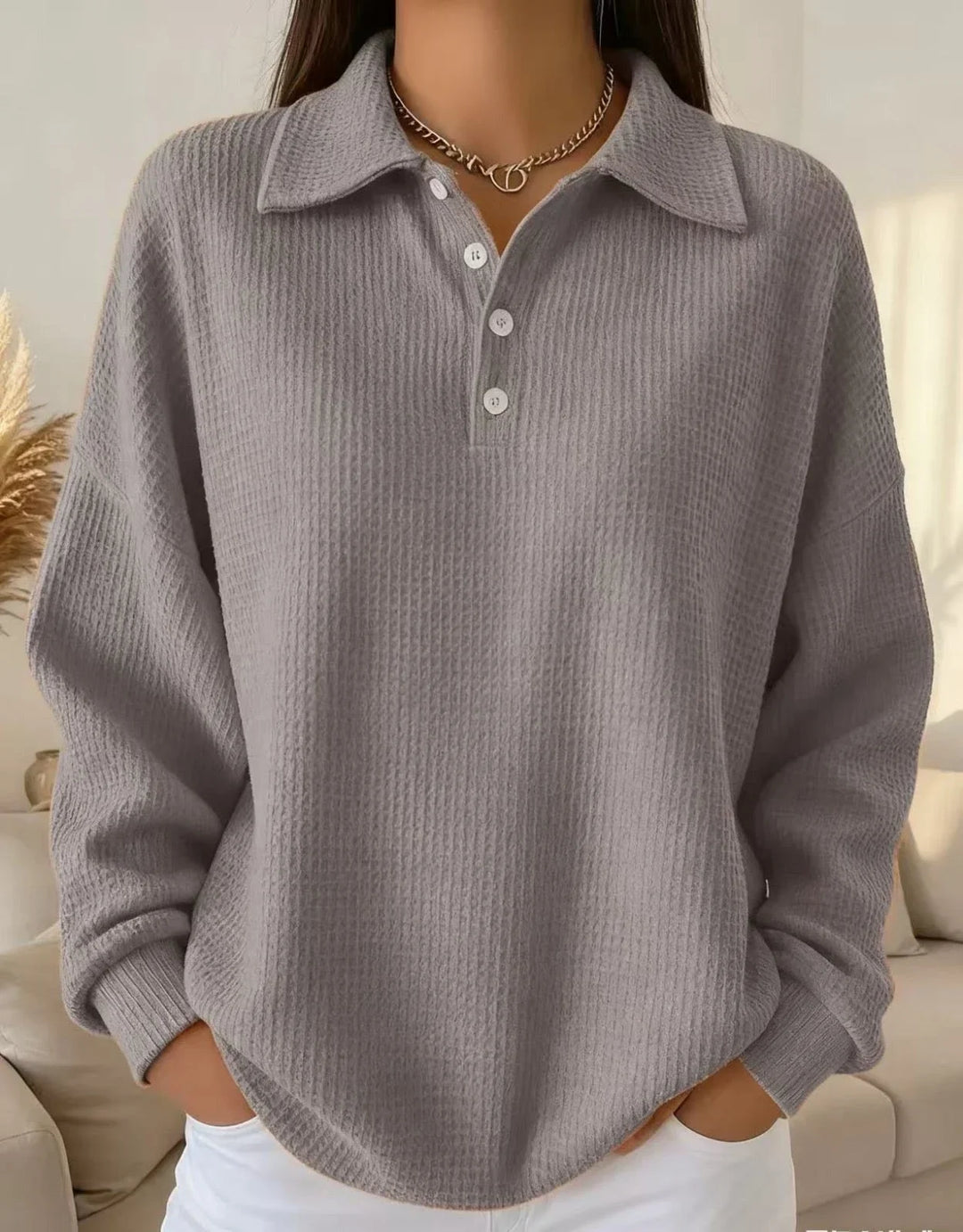 Women's Textured Knit Polo Sweater – Long-Sleeve And Buttoned Placket