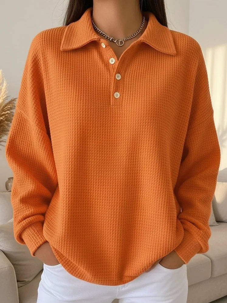 Women's Textured Knit Polo Sweater – Long-Sleeve And Buttoned Placket