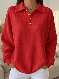 Women's Textured Knit Polo Sweater – Long-Sleeve And Buttoned Placket