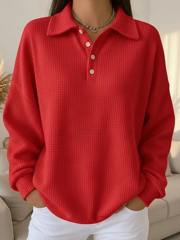 Women's Textured Knit Polo Sweater – Long-Sleeve And Buttoned Placket