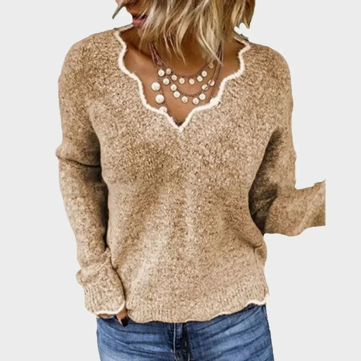 Women's Textured Knit Sweater – Contrast Scalloped V-Neck And Long Sleeves