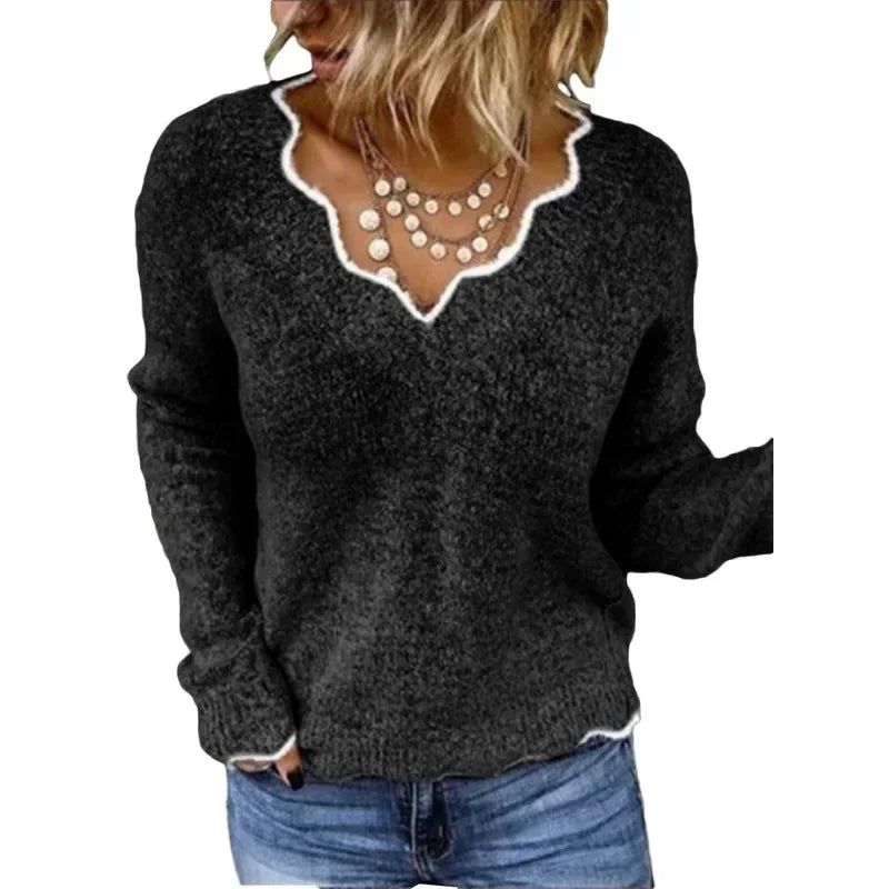Women's Textured Knit Sweater – Contrast Scalloped V-Neck And Long Sleeves