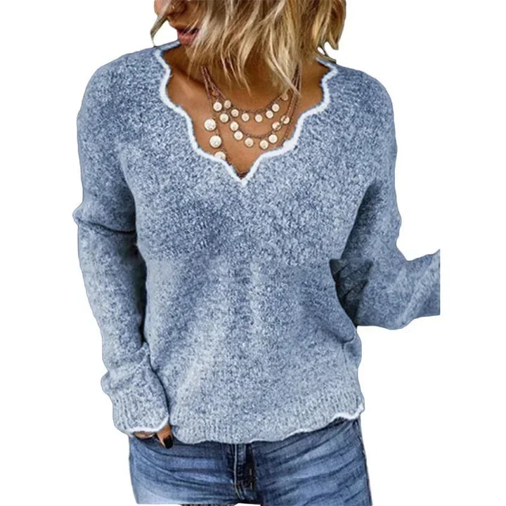 Women's Textured Knit Sweater – Contrast Scalloped V-Neck And Long Sleeves