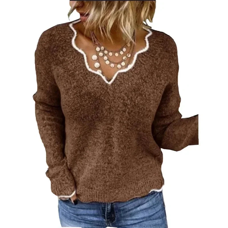 Women's Textured Knit Sweater – Contrast Scalloped V-Neck And Long Sleeves