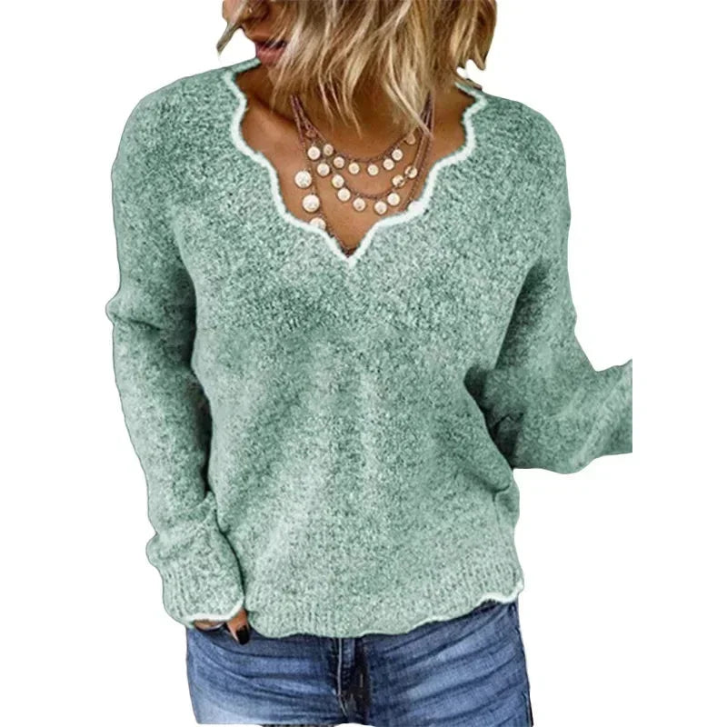 Women's Textured Knit Sweater – Contrast Scalloped V-Neck And Long Sleeves