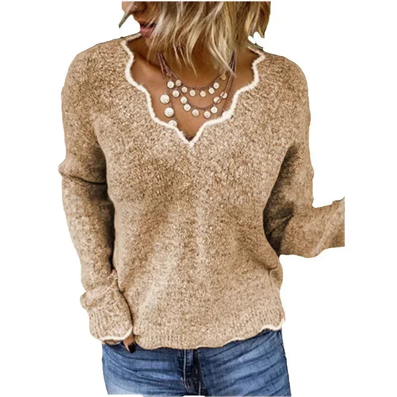 Women's Textured Knit Sweater – Contrast Scalloped V-Neck And Long Sleeves