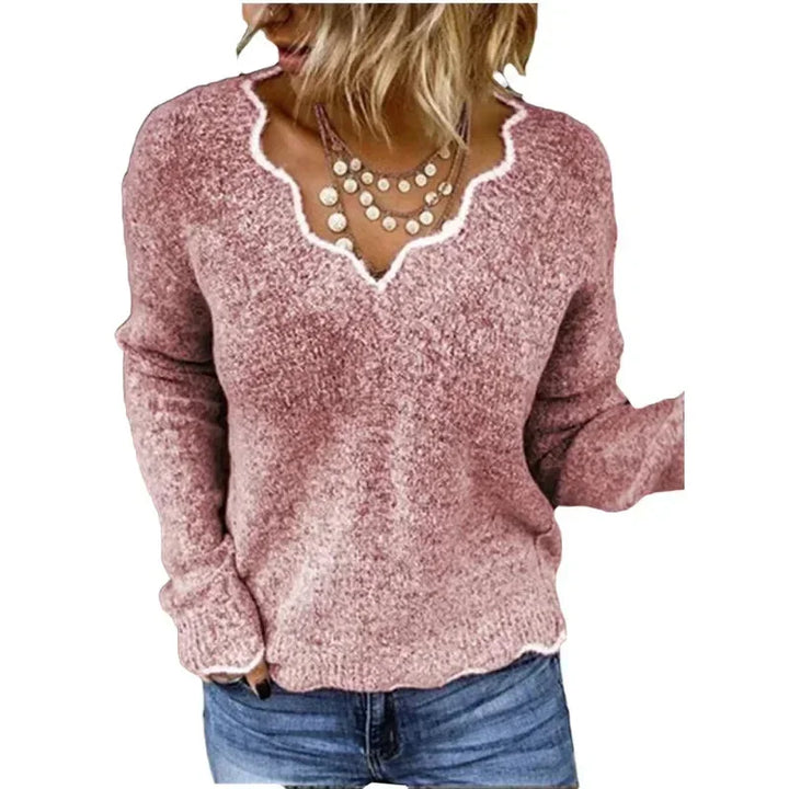 Women's Textured Knit Sweater – Contrast Scalloped V-Neck And Long Sleeves