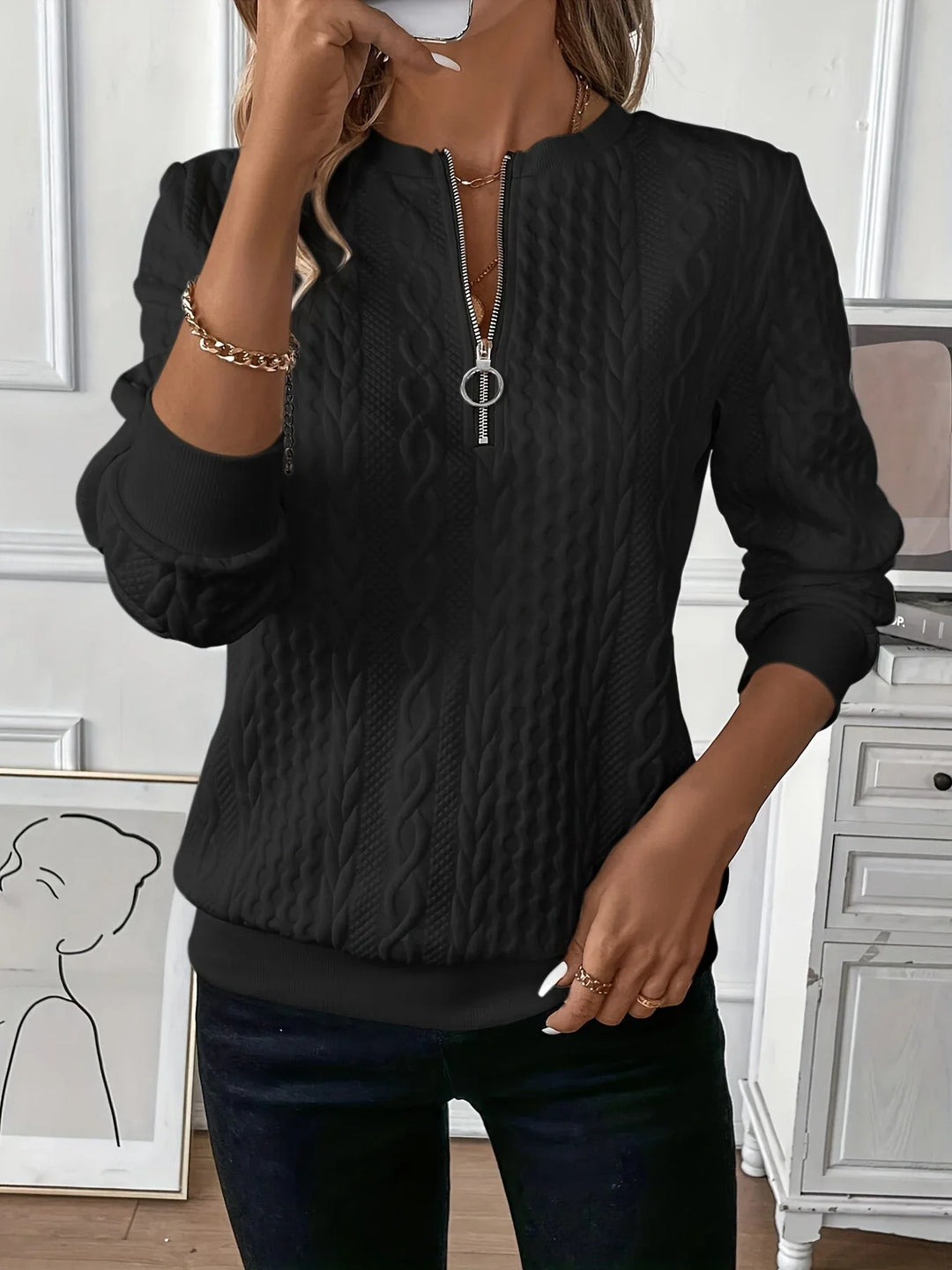 Women's Textured Knit Sweater – Quarter-Zip Closure And Long Sleeves