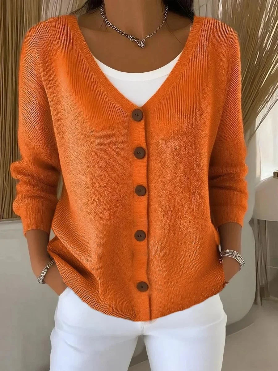 Women's V-Neck Button-Front Long Sleeve Knit Sweater