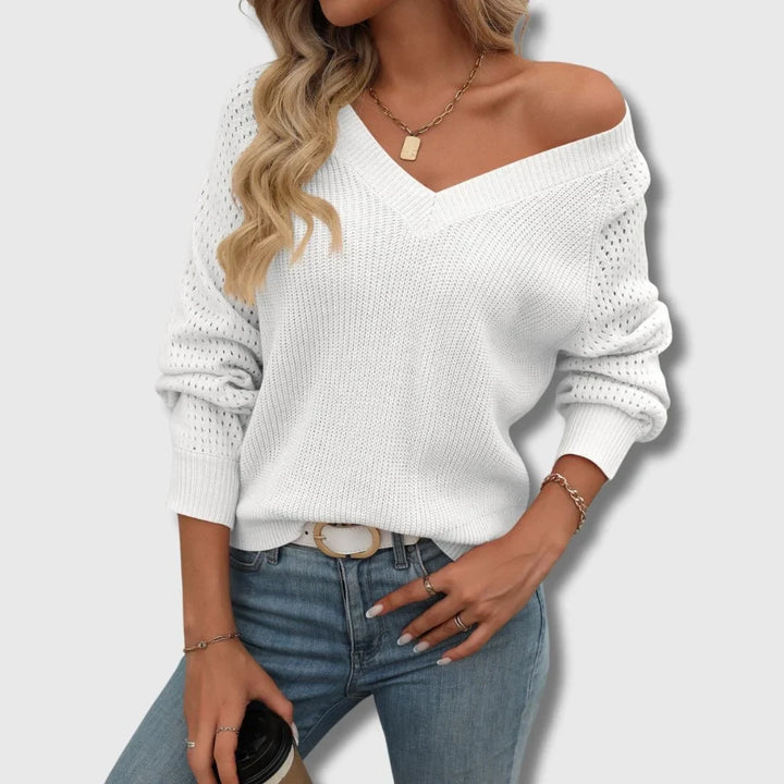 Women's V-Neck Knit Sweater – Open-Knit Long Sleeves