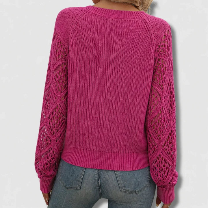 Women's V-Neck Knit Sweater – Open-Knit Long Sleeves